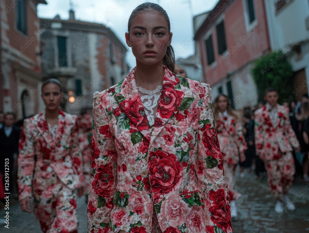 Fototapeta premium Models walk the runway in floral suits.