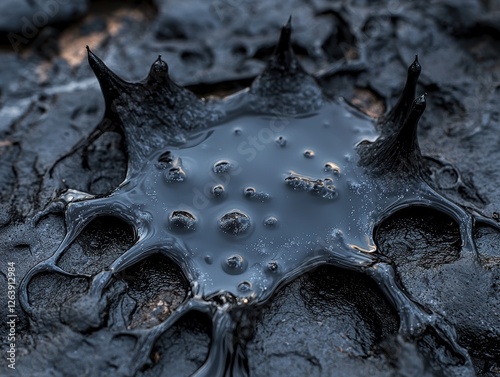 Close up of crude oil spill on the ground.