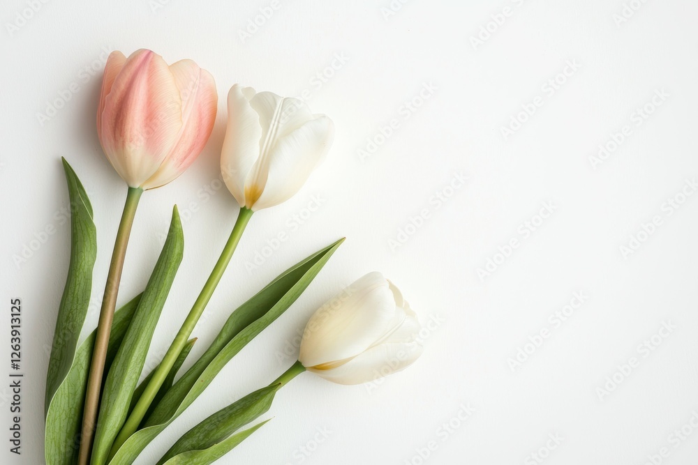 Three elegant tulips: pastel and white blooms against a minimalist background Three elegant tulips: pastel and white blooms against a minimalist background