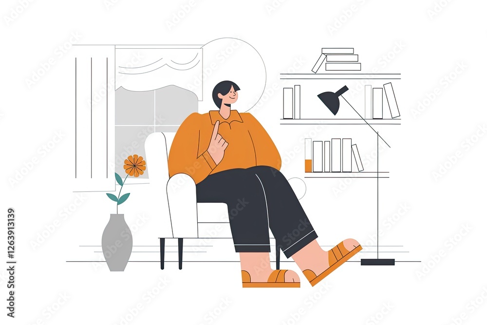 Fototapeta premium Person Relaxing in Armchair with Pointing Gesture, Orange Shirt, Bookshelf, and Minimalist Style, Window, Thinking