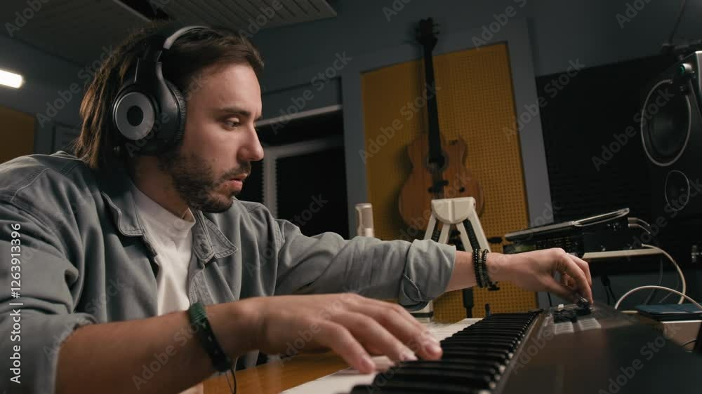 Medium low-angle shot of focused young Caucasian male composer in headphones and casual outfit playing electronic piano and adjusting sound controls, while writing new song in small home studio