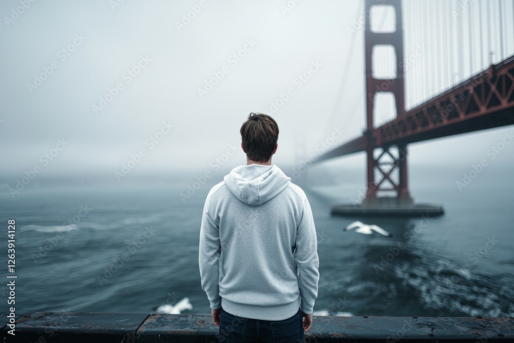 Man stands on a pier looking out at the water, solo travel concept Man stands on a pier looking out at the water, solo travel concept