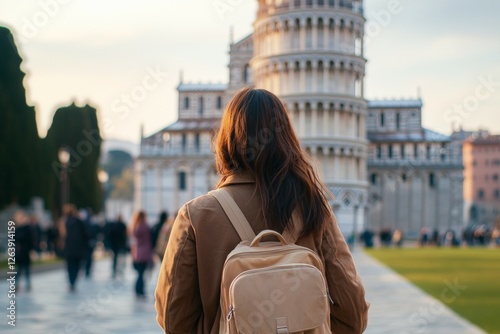 Woman wearing a brown coat, solo travel concept photo