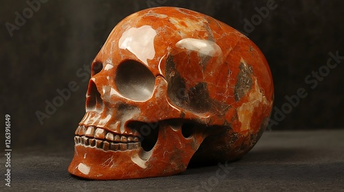 Sculpted gemstone skull with polished surface and intricate texture