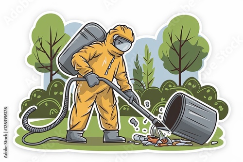 Cartoon Hazmat Worker Cleaning Trash in Nature, Yellow Protective Suit, Backpack Sprayer, Overturned Bin, Pollution Control Concept, Isolated Sticker Style