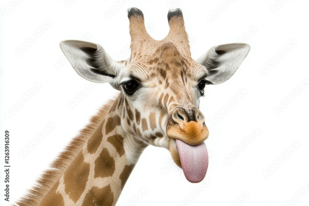 Obraz premium Playful giraffe sticking tongue out against white background
