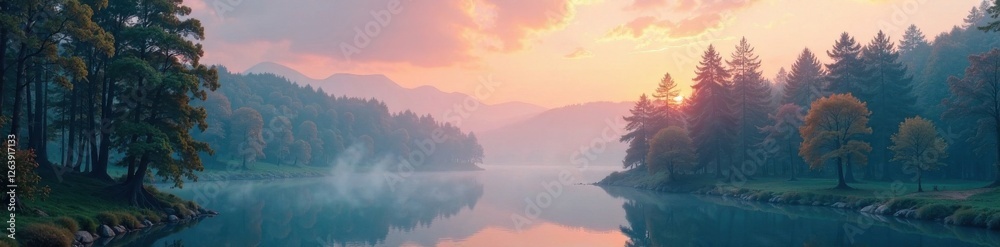 Fototapeta premium Dreamy haze settles over a serene forest, long shot, dreamy, focal