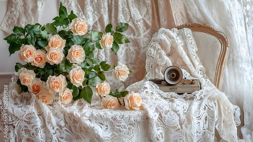 Pastel Roses on Lace with Vintage Phone; Still Life photo