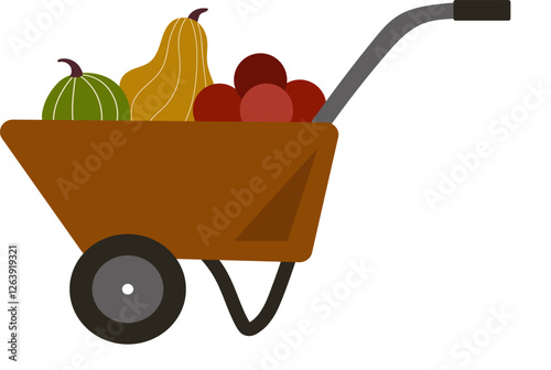 png Wheelbarrow with vegetable. garden cart loaded with pumpkins. The concept of autumn harvest, autumn abundance. Flat vector illustration isolated on  transparent background.