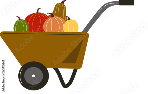 png Wheelbarrow with vegetable. garden cart loaded with pumpkins. The concept of autumn harvest, autumn abundance. Flat vector illustration isolated on  transparent background.