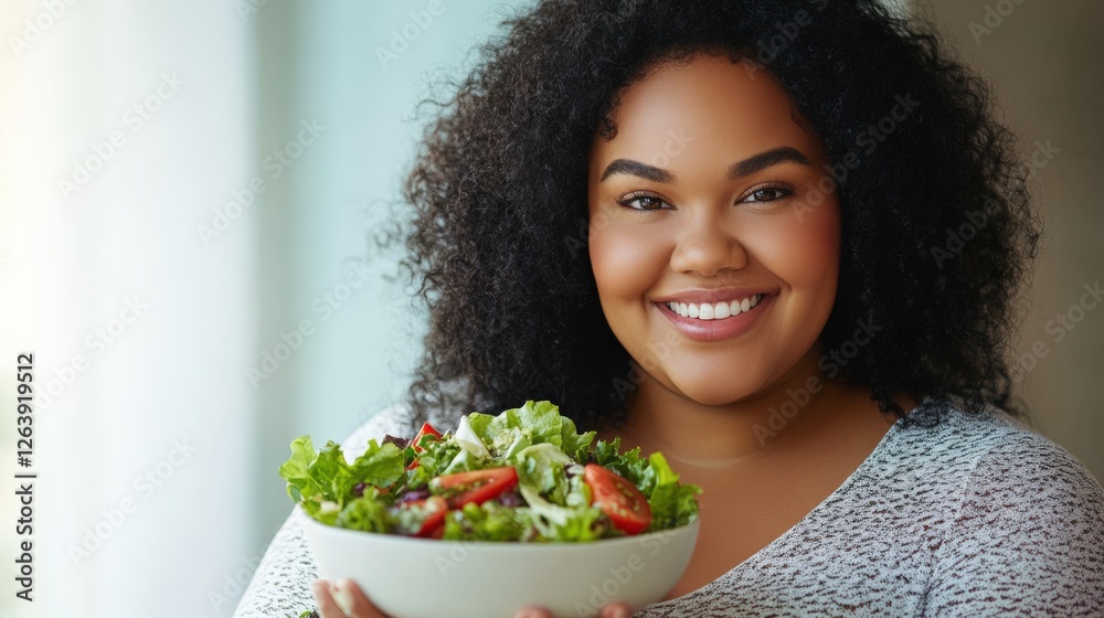 Smiling Woman Holding Fresh Salad Bowl in Bright Kitchen Setting Smiling Woman Holding Fresh Salad Bowl in Bright Kitchen Setting