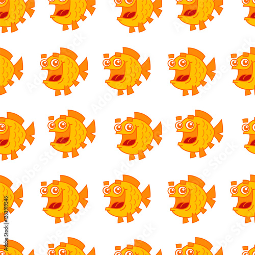 Seamless pattern with cute smiling goldfish cartoon character. Vector illustration