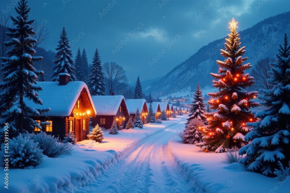 Fototapeta premium Snowy village scene with festive lights and Christmas trees,, christmas,