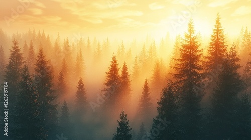 Golden Sunrise Over Misty Evergreen Forest