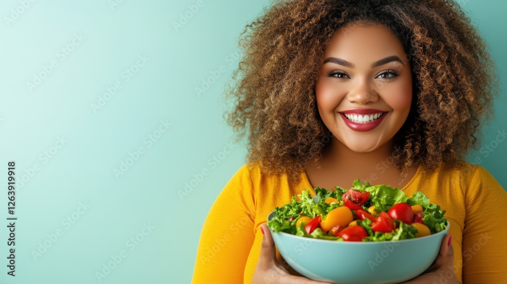 Smiling Woman Holding Fresh Salad Bowl Against Turquoise Background Smiling Woman Holding Fresh Salad Bowl Against Turquoise Background