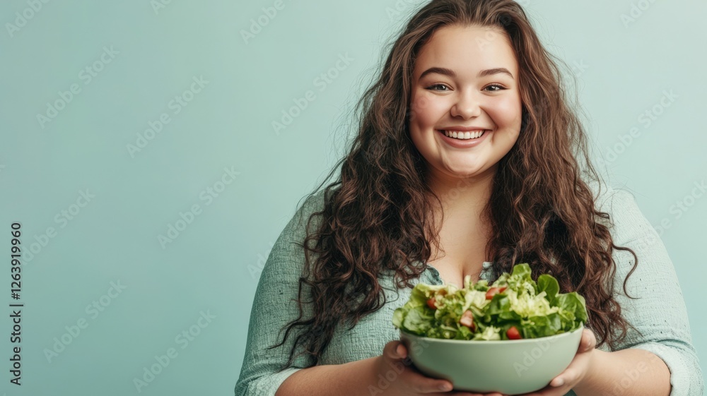 Cheerful Plus-Size Woman Holding Fresh Salad Bowl on Blue Background Cheerful Plus-Size Woman Holding Fresh Salad Bowl on Blue Background