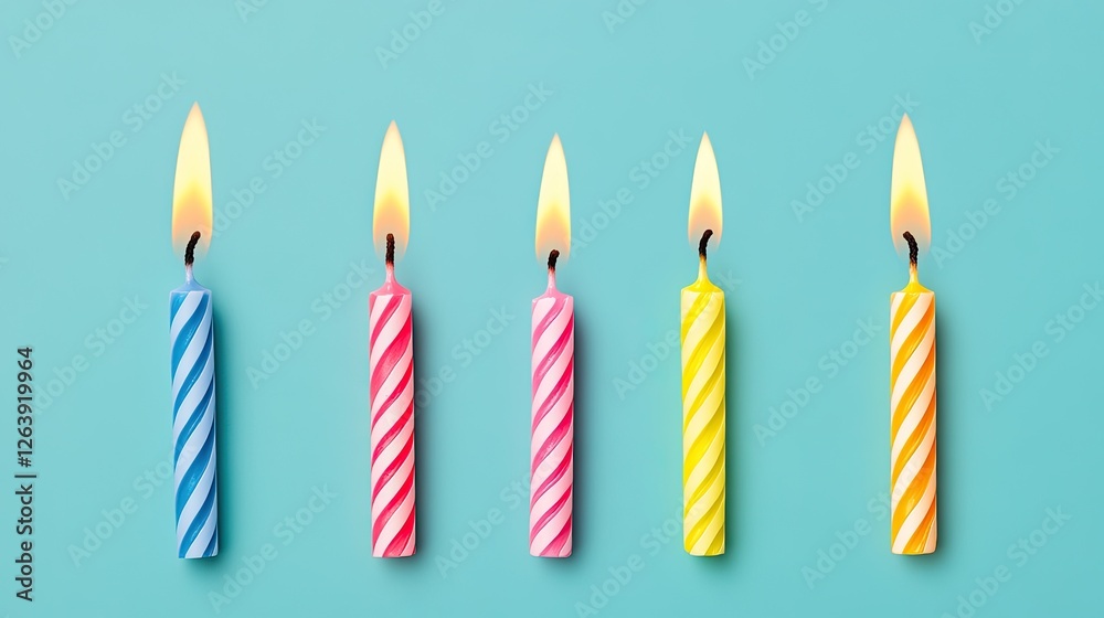Colorful birthday candles with flames arranged in a row against a pastel blue background Colorful birthday candles with flames arranged in a row against a pastel blue background