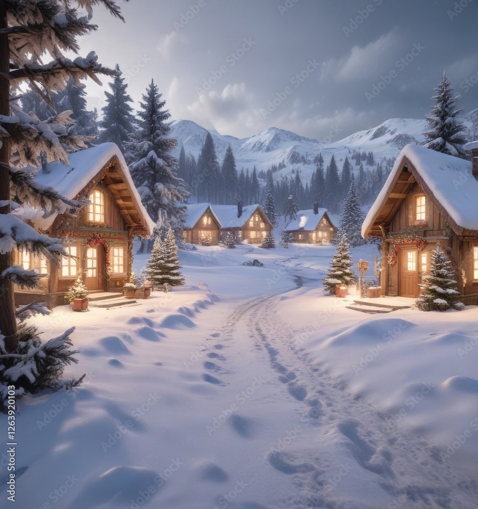 Fototapeta premium Snowy winter landscape with Christmas decorations, christmas decorations, festive, winter wonderland