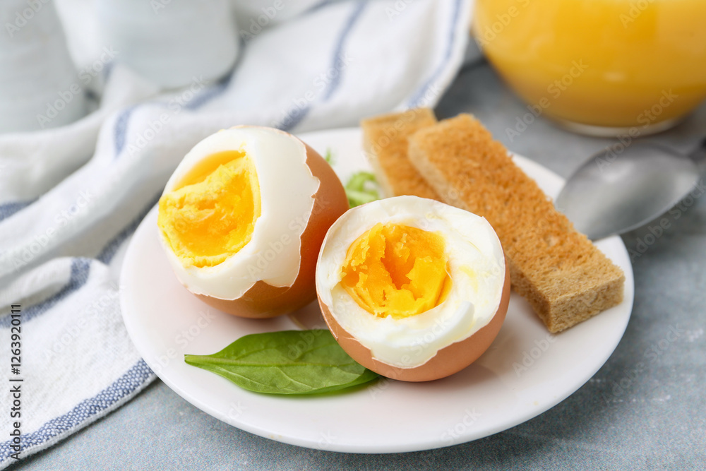Soft boiled eggs with bread on grey table, closeup Soft boiled eggs with bread on grey table, closeup