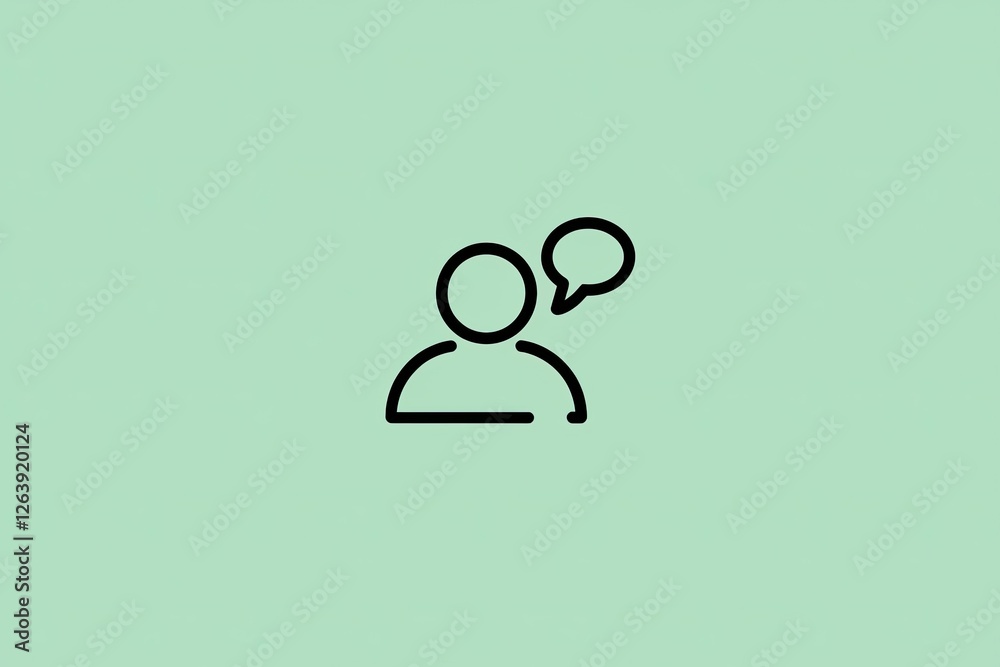 Minimalist line art icon depicting a person with a speech bubble on a soft mint green background, communication symbol, flat design Minimalist line art icon depicting a person with a speech bubble on a soft mint green background, communication symbol, flat design
