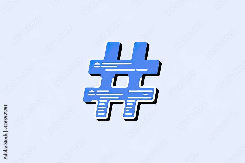 Obraz premium Stylized Blue Hashtag Icon with White Text Fill on Light Blue Background, Clean and Modern Design, Isolated