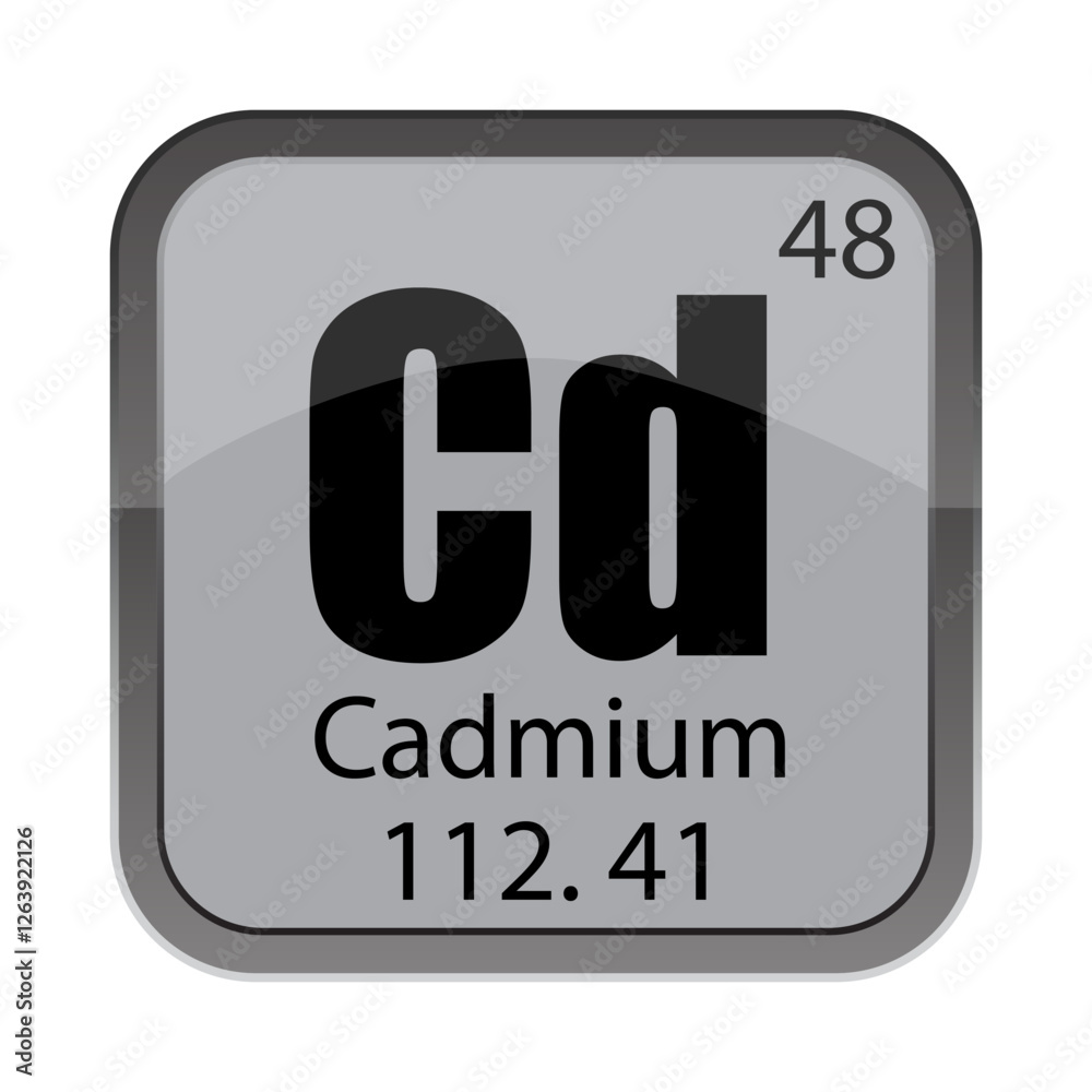 Cadmium Cd block. 48 atomic number. Forty eight detail. Vector 112.41 mass. Cadmium Cd block. 48 atomic number. Forty eight detail. Vector 112.41 mass.