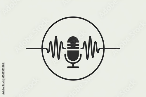 black line art microphone, audio wave in circle on light grey. Clean, simple, modern icon for media, recording, broadcast