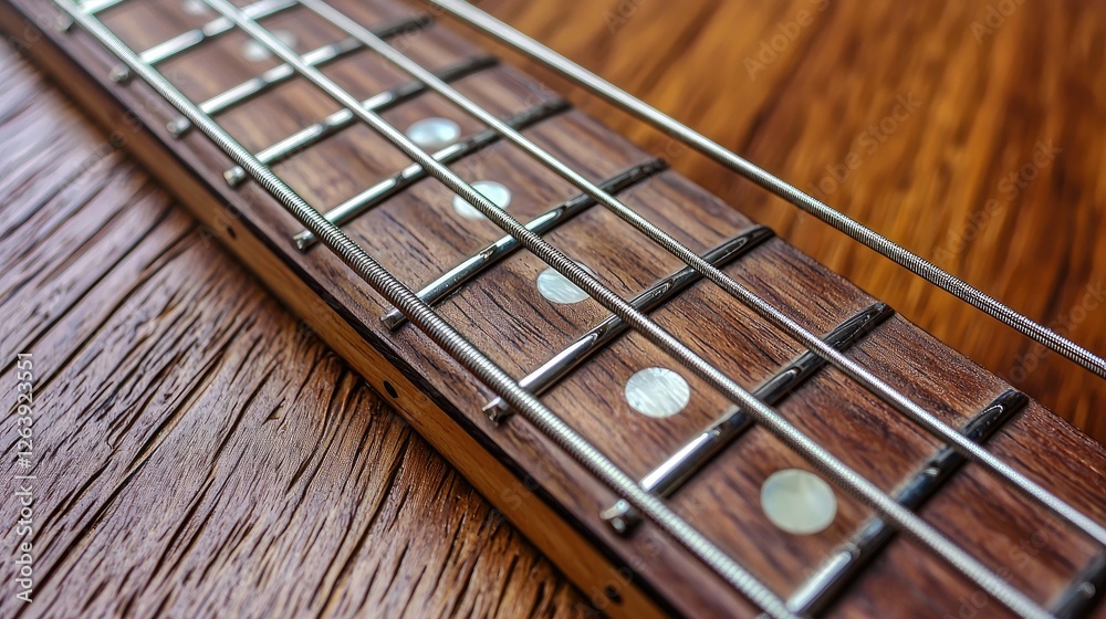 Close-up view of a guitar fretboard showcasing detailed craftsmanship and natural wood grain Close-up view of a guitar fretboard showcasing detailed craftsmanship and natural wood grain