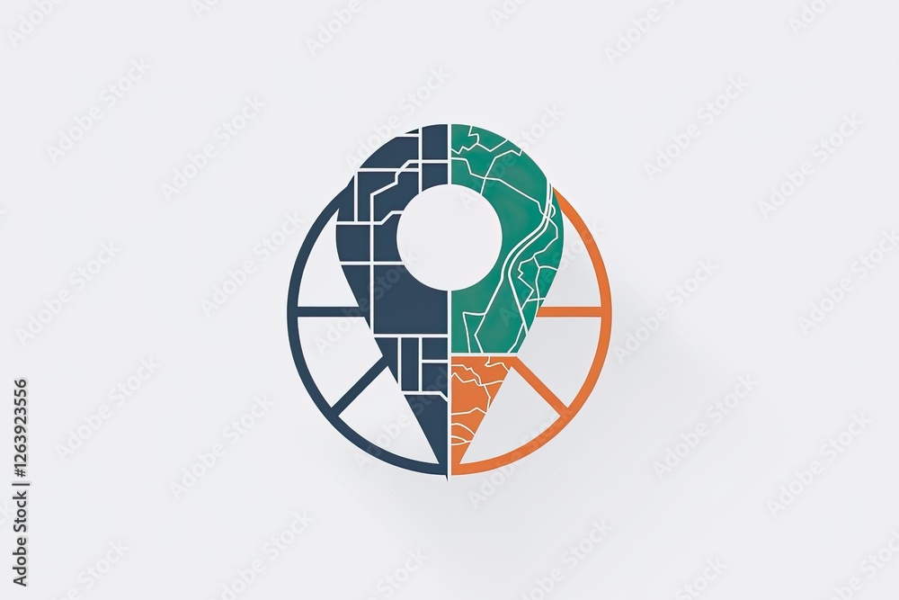 Stylized Map Pin Icon with Divided Graphic Elements in Blue, Green and Orange on White Background with Shadow, flat lay Stylized Map Pin Icon with Divided Graphic Elements in Blue, Green and Orange on White Background with Shadow, flat lay