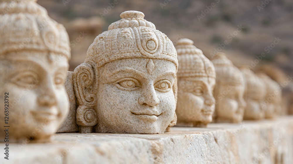 Smiling stone deity heads, ancient ruins, India, cultural heritage Smiling stone deity heads, ancient ruins, India, cultural heritage