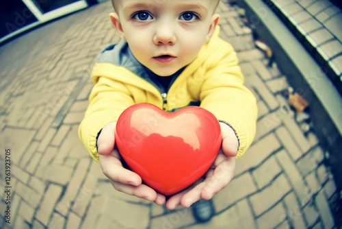 Ð¡hildren valentine's day greeting card: toddler boy with shocked face holds red heart in hands. Commercial idea creative graphic design. Sign of love. Red heart holiday. photo