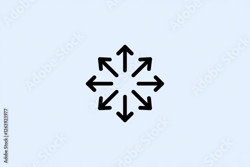 Minimalist black arrow burst on light blue background, symbolizing growth, reaching out, and directions in a simple vector illustration style