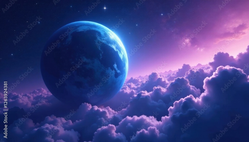 Fototapeta premium Ethereal blue gas giant planet with swirling purple clouds and starry night sky background, planetary system, nebula