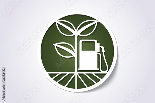 White Line Art, Plant and Gas Pump Design, Circle Shape, Ecological Fuel, Sustainable Energy, Clean Power, Shadow Detail