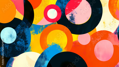 A lively composition of vivid circles and forms against a shifting background. Shifting Geometries. Illustration