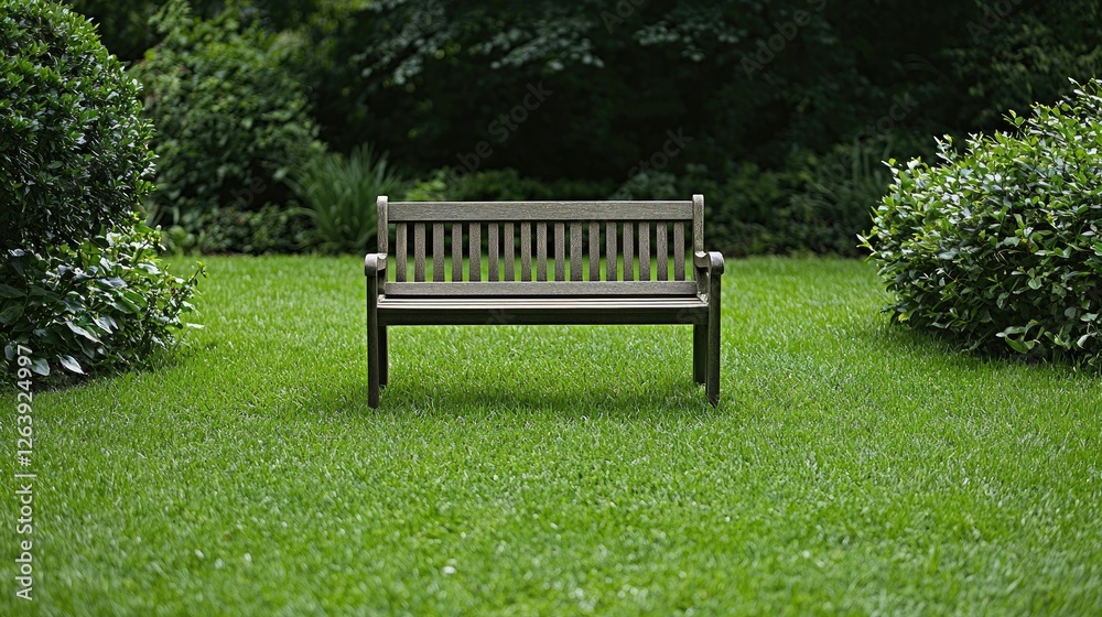 Serene garden bench, lush green lawn, tranquil background, perfect for relaxation Serene garden bench, lush green lawn, tranquil background, perfect for relaxation