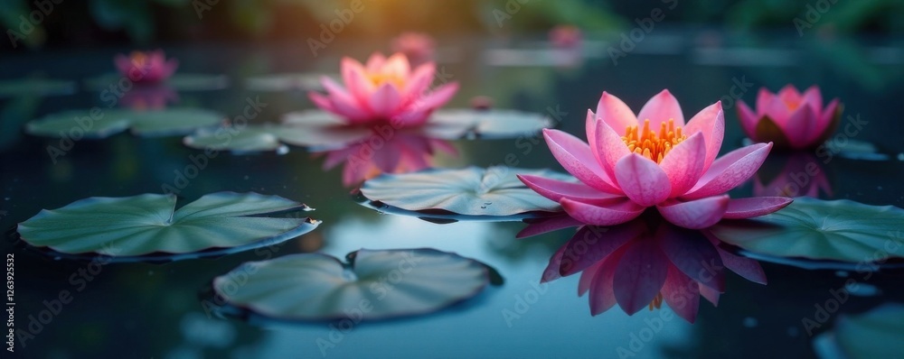 Softly glowing water lily pads on a serene lake surface , dreamy texture, lake