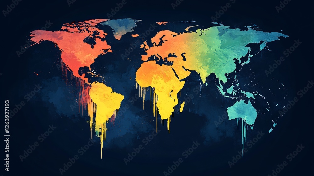 Fototapeta premium Vibrant watercolor world map artfully drips rich colors onto dark background. AI Generated