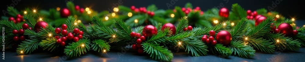 Fototapeta premium Evergreen Branches Arranged in a Circle with Garlands and Twinkling Lights, coniferous branch, coniferous tree branches, garland