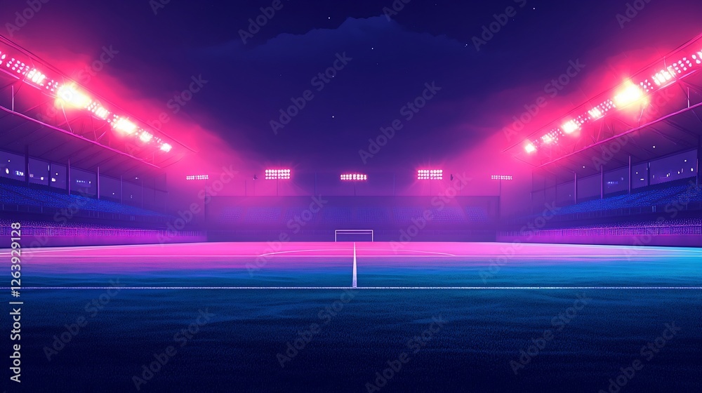 Vibrant night scene of an empty football stadium illuminated by colorful lights Vibrant night scene of an empty football stadium illuminated by colorful lights