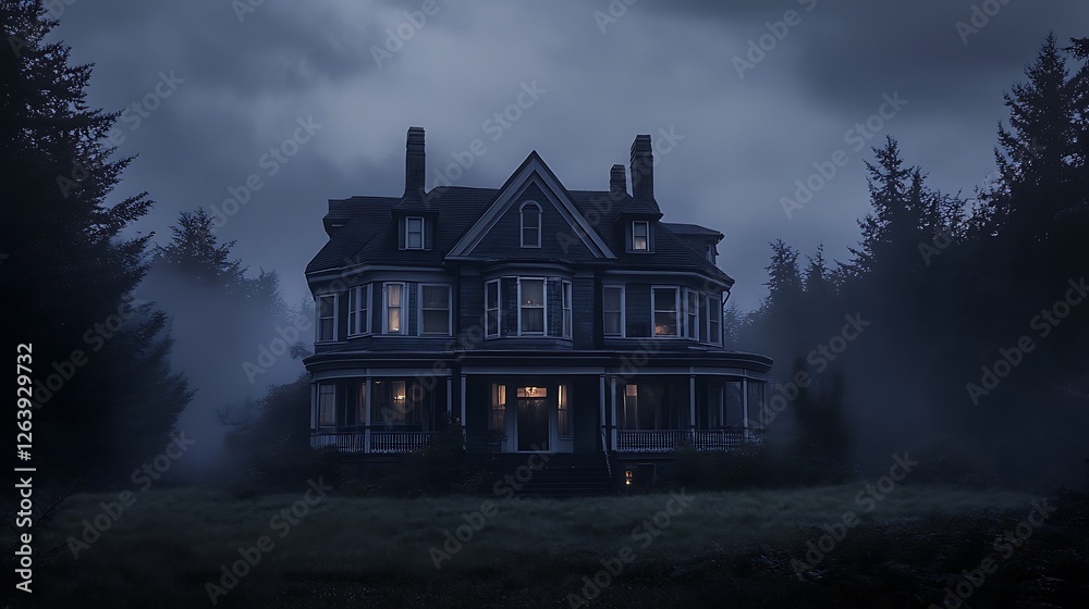 Eerie Victorian Mansion Cloaked in Twilight Fog and Shadowy Woodland Eerie Victorian Mansion Cloaked in Twilight Fog and Shadowy Woodland