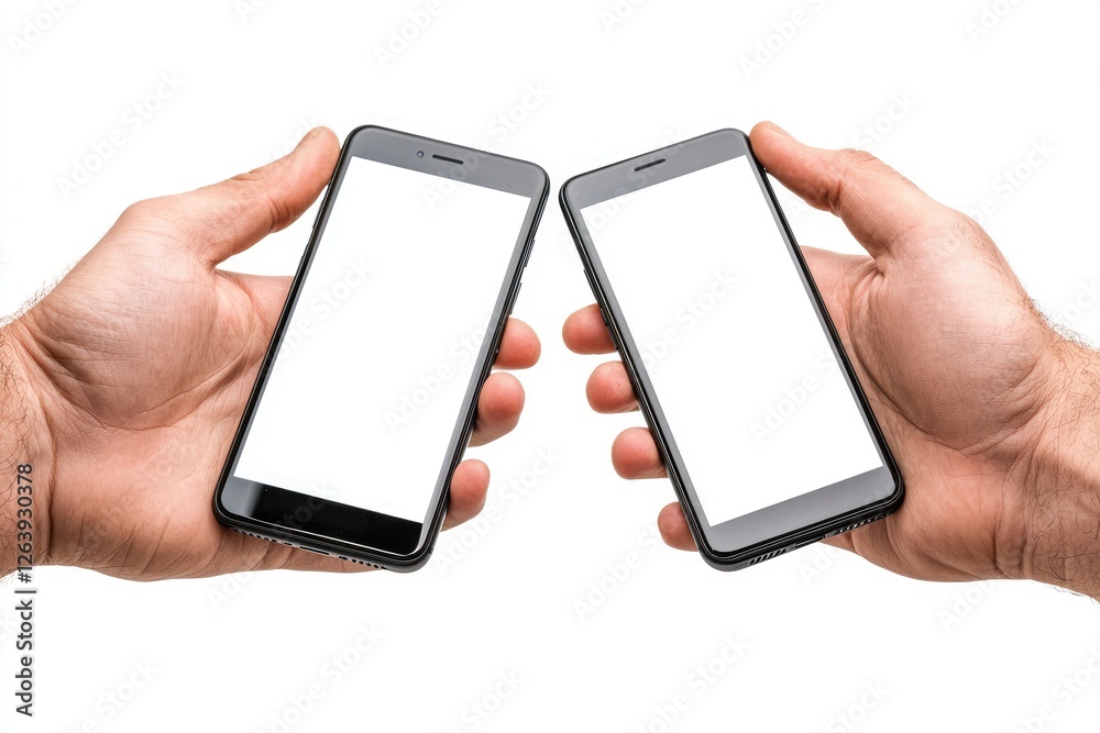 Two Hands Holding Smartphones with Blank Screens for App or Message Display in Modern Digital Communication Concept