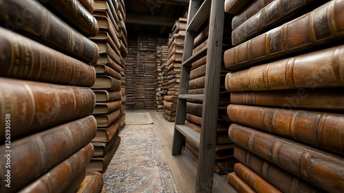 Antique books stacked in old library, research