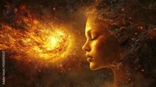 Ethereal portrait of a woman merging with cosmic fire, symbolizing transformation and energy