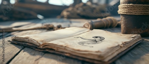 Antique book, snake drawing, ship deck, nautical background, historical illustration