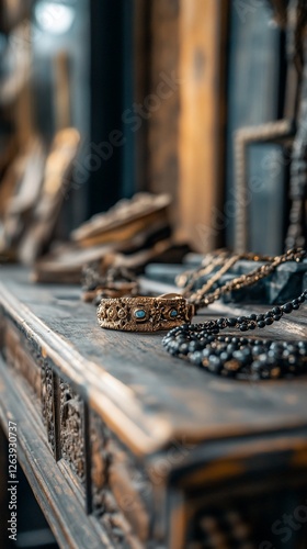 Antique jewelry on wooden table, shop interior