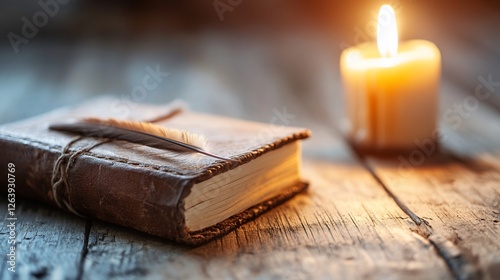 Antique journal, candlelight, wooden table, peaceful writing
