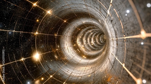 Abstract view of a luminous tunnel with swirling lights and cosmic background elements