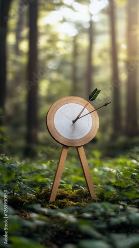 Archery target in forest, arrow hitting bullseye, sunlight