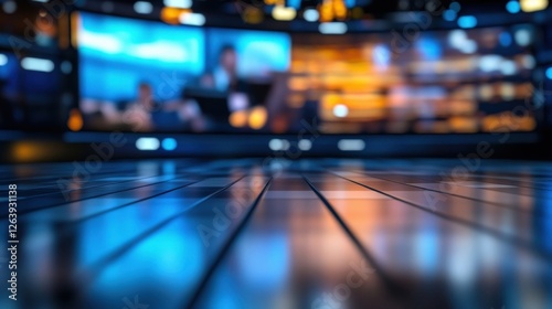 Modern virtual television studio set with a reflective floor, illuminated by large screens displaying blurred news footage and charts, creating a dynamic and high tech environment
